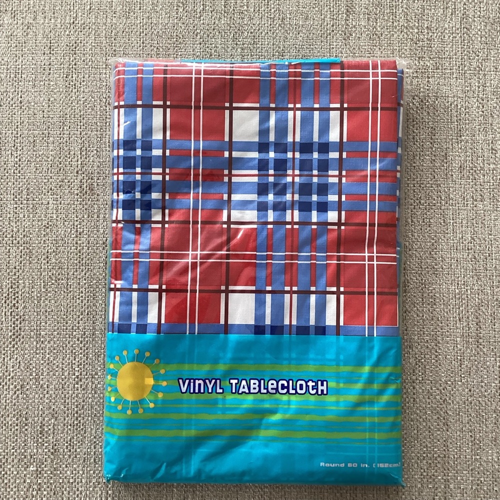 Kmart 60” Round Red White and Blue Vinyl Tablecloth